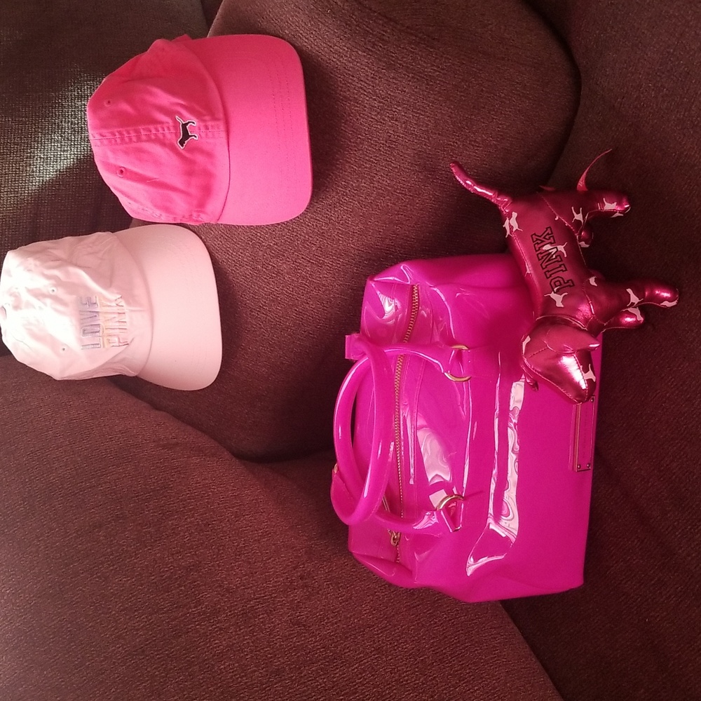 Victoria Secret Pink Lavender Jelly handbag, 2 Logo Hats and cute mini plush dog